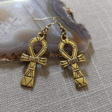 Load image into Gallery viewer, Ankh Earrings - Antique Gold Egyptian Cross Dangle Drop Earrings