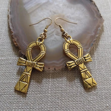 Load image into Gallery viewer, Ankh Earrings - Antique Gold Egyptian Cross Dangle Drop Earrings