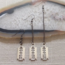 Load image into Gallery viewer, Razorblade Earrings - Long Dangle Earrings with Gunmetal Curb Chain