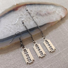 Load image into Gallery viewer, Razorblade Earrings - Long Dangle Earrings with Gunmetal Curb Chain