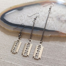 Load image into Gallery viewer, Razorblade Earrings - Long Dangle Earrings with Gunmetal Curb Chain