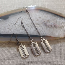 Load image into Gallery viewer, Razorblade Earrings - Long Dangle Earrings with Gunmetal Curb Chain