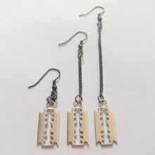 Load image into Gallery viewer, Razorblade Earrings - Long Dangle Earrings with Gunmetal Curb Chain