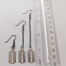 Load image into Gallery viewer, Razorblade Earrings - Long Dangle Earrings with Gunmetal Curb Chain