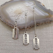 Load image into Gallery viewer, Razorblade Earrings - Long Dangle Earrings with Silver Curb Chain