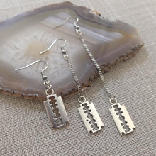 Load image into Gallery viewer, Razorblade Earrings - Long Dangle Earrings with Silver Curb Chain