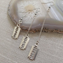 Load image into Gallery viewer, Razorblade Earrings - Long Dangle Earrings with Silver Curb Chain