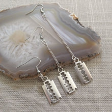 Load image into Gallery viewer, Razorblade Earrings - Long Dangle Earrings with Silver Curb Chain
