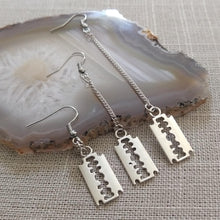 Load image into Gallery viewer, Razorblade Earrings - Long Dangle Earrings with Silver Curb Chain