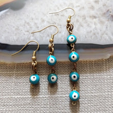 Load image into Gallery viewer, Evil Eye Earrings, Turquoise and Raw Brass in Your Choice of Three Lengths