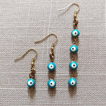 Load image into Gallery viewer, Evil Eye Earrings, Turquoise and Raw Brass in Your Choice of Three Lengths