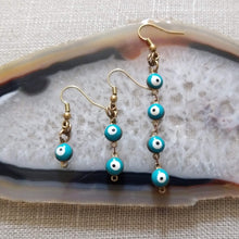Load image into Gallery viewer, Evil Eye Earrings, Turquoise and Raw Brass in Your Choice of Three Lengths
