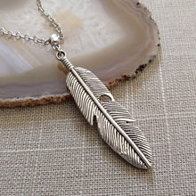 Load image into Gallery viewer, Feather Necklace, Mens Jewelry on Silver Cable Chain, Bohemian Layering Jewelry