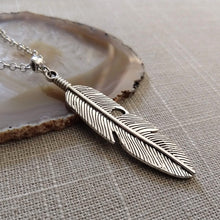 Load image into Gallery viewer, Feather Necklace, Mens Jewelry on Silver Cable Chain, Bohemian Layering Jewelry