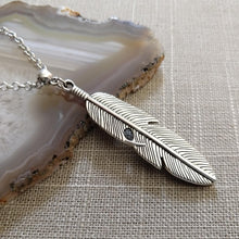 Load image into Gallery viewer, Feather Necklace, Mens Jewelry on Silver Cable Chain, Bohemian Layering Jewelry
