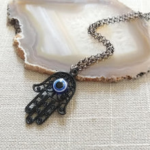 Load image into Gallery viewer, Black Hamsa Evil Eye Necklace on Gunmetal Rolo Chain, Mens Jewelry
