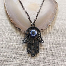 Load image into Gallery viewer, Black Hamsa Evil Eye Necklace on Gunmetal Rolo Chain, Mens Jewelry