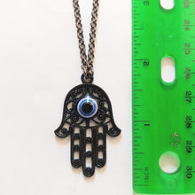 Load image into Gallery viewer, Black Hamsa Evil Eye Necklace on Gunmetal Rolo Chain, Mens Jewelry