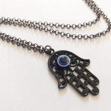 Load image into Gallery viewer, Black Hamsa Evil Eye Necklace on Gunmetal Rolo Chain, Mens Jewelry