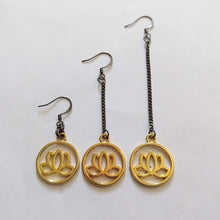 Load image into Gallery viewer, Gold Japanese Lotus Flower Earrings, Your Choice of Three Lengths, Long Dangle Chain Earrings