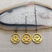 Load image into Gallery viewer, Gold Japanese Lotus Flower Earrings, Your Choice of Three Lengths, Long Dangle Chain Earrings