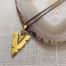 Load image into Gallery viewer, Brass Arrowhead Necklace, Your Choice of Curb Chain, Mens Arrowhead Jewelry, Layering Jewelry
