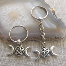 Load image into Gallery viewer, Wiccan Triple Moon Keychain, Pagan Witchcraft Gifts