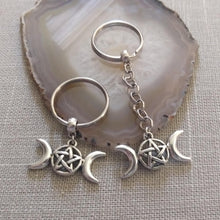 Load image into Gallery viewer, Wiccan Triple Moon Keychain, Pagan Witchcraft Gifts