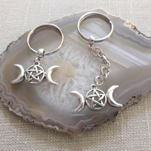Load image into Gallery viewer, Wiccan Triple Moon Keychain, Pagan Witchcraft Gifts