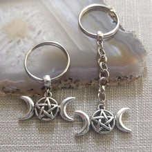 Load image into Gallery viewer, Wiccan Triple Moon Keychain, Pagan Witchcraft Gifts