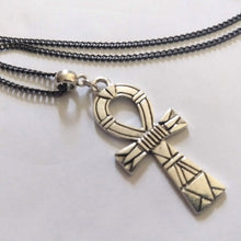 Load image into Gallery viewer, Striped Ankh Necklace on Gunmetal Curb Chain, Egyptian Cross Jewelry