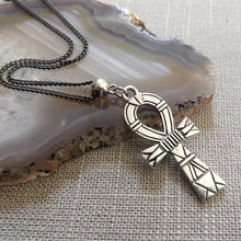 Load image into Gallery viewer, Striped Ankh Necklace on Gunmetal Curb Chain, Egyptian Cross Jewelry