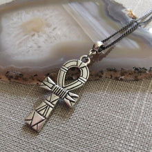 Load image into Gallery viewer, Striped Ankh Necklace on Gunmetal Curb Chain, Egyptian Cross Jewelry