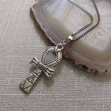 Load image into Gallery viewer, Striped Ankh Necklace on Gunmetal Curb Chain, Egyptian Cross Jewelry