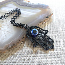 Load image into Gallery viewer, Black Hamsa and Evil Eye Necklace - Mens Hamsa Layering Jewelry