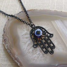Load image into Gallery viewer, Black Hamsa and Evil Eye Necklace - Mens Hamsa Layering Jewelry