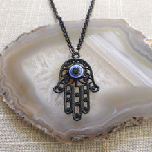 Load image into Gallery viewer, Black Hamsa and Evil Eye Necklace - Mens Hamsa Layering Jewelry
