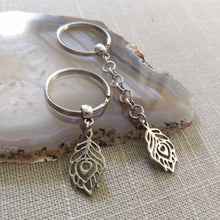 Load image into Gallery viewer, Silver Peacock Feather Keychain - Zipper Pulls Backpack Charms