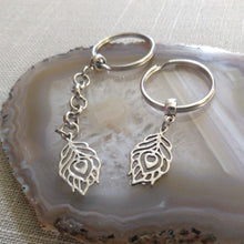 Load image into Gallery viewer, Silver Peacock Feather Keychain - Zipper Pulls Backpack Charms