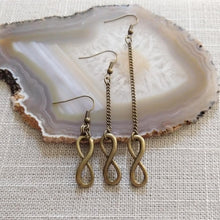 Load image into Gallery viewer, Bronze Infinity Earrings - Your Choice of Three Lengths - Long Dangle Chain Earrings