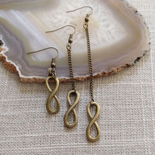 Load image into Gallery viewer, Bronze Infinity Earrings - Your Choice of Three Lengths - Long Dangle Chain Earrings