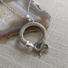Load image into Gallery viewer, Coiled Snake Necklace on Silver Rolo Chain, Mens Snake Necklace, Mens Jewelry