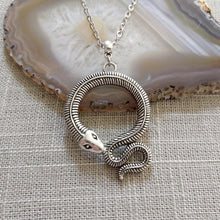 Load image into Gallery viewer, Coiled Snake Necklace on Silver Rolo Chain, Mens Snake Necklace, Mens Jewelry
