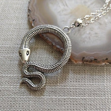 Load image into Gallery viewer, Coiled Snake Necklace on Silver Rolo Chain, Mens Snake Necklace, Mens Jewelry