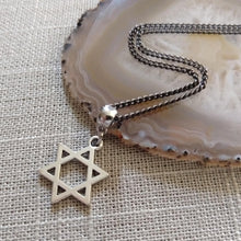 Load image into Gallery viewer, Silver Star of David Necklace on Thin Gunmetal Chain - Jewish Jewelry