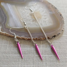 Load image into Gallery viewer, Magenta Spike Earrings, Your Choice of Three Lengths, Long Dangle Charm Earrings