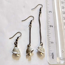Load image into Gallery viewer, Tiny Mushroom Earrings - Your Choice of Three Lengths - Long Dangle Chain Earrings