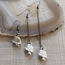 Load image into Gallery viewer, Tiny Mushroom Earrings - Your Choice of Three Lengths - Long Dangle Chain Earrings