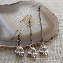 Load image into Gallery viewer, Tiny Mushroom Earrings - Your Choice of Three Lengths - Long Dangle Chain Earrings