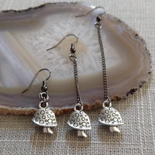 Load image into Gallery viewer, Tiny Mushroom Earrings - Your Choice of Three Lengths - Long Dangle Chain Earrings